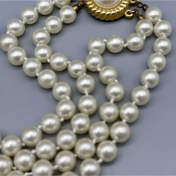 Vintage Gold Tone Pearl Beaded Double Strand Necklace,18" - Picture 2 of 5